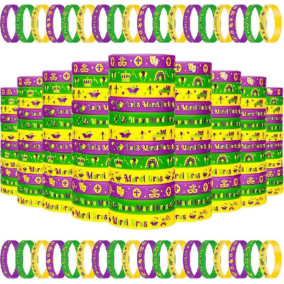 Wettarn 100 Pcs Mardi Gras Silicone Bracelets Mardi Gras Rubber Bracelets Mardi Gras Carnival Bracelet Set Mardi Gras Party Favors for Goodie Bag Crown