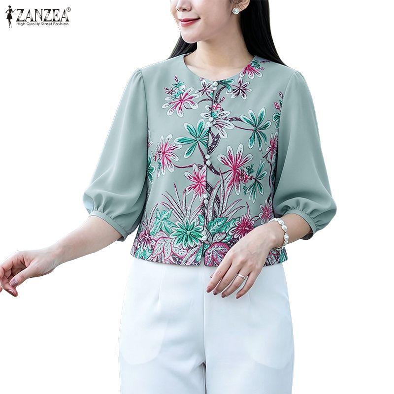 ZANZEA Women Casual Round Neck 3/4 Sleeve Loose Print Blouse
