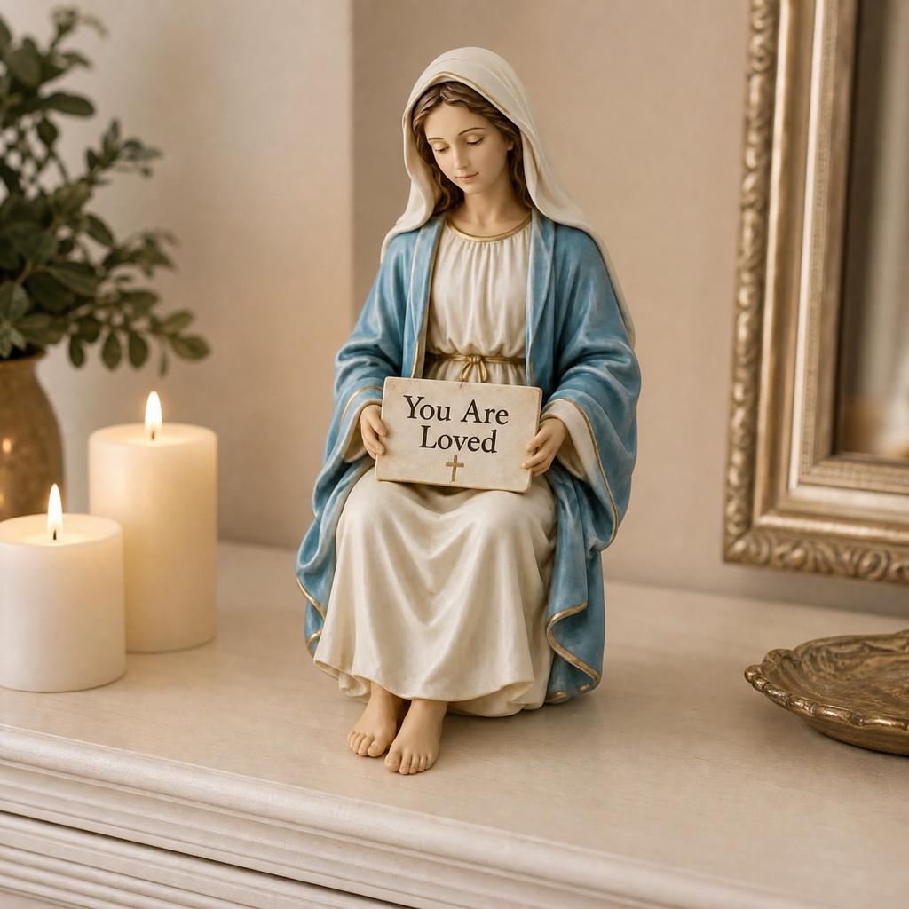 Náboženská figurka Socha Panny Marie držící nápis Jsi milován Dekorativní socha pro domácnost a kancelář
