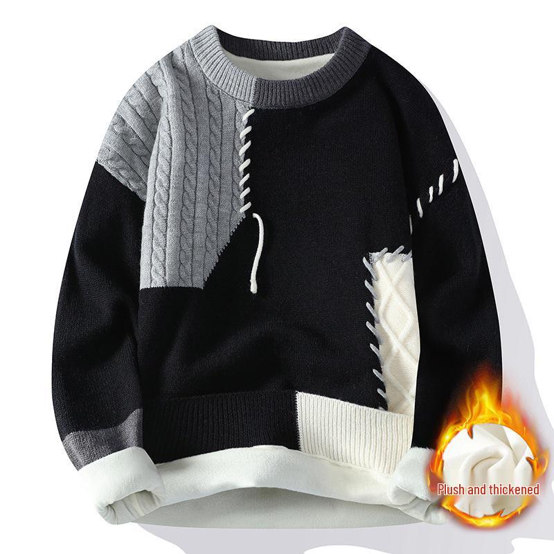 Men's Autumn/Winter Color Block Crew Neck Sweater - Trendy, Warm, Loose Knitwear, Casual Base Layer