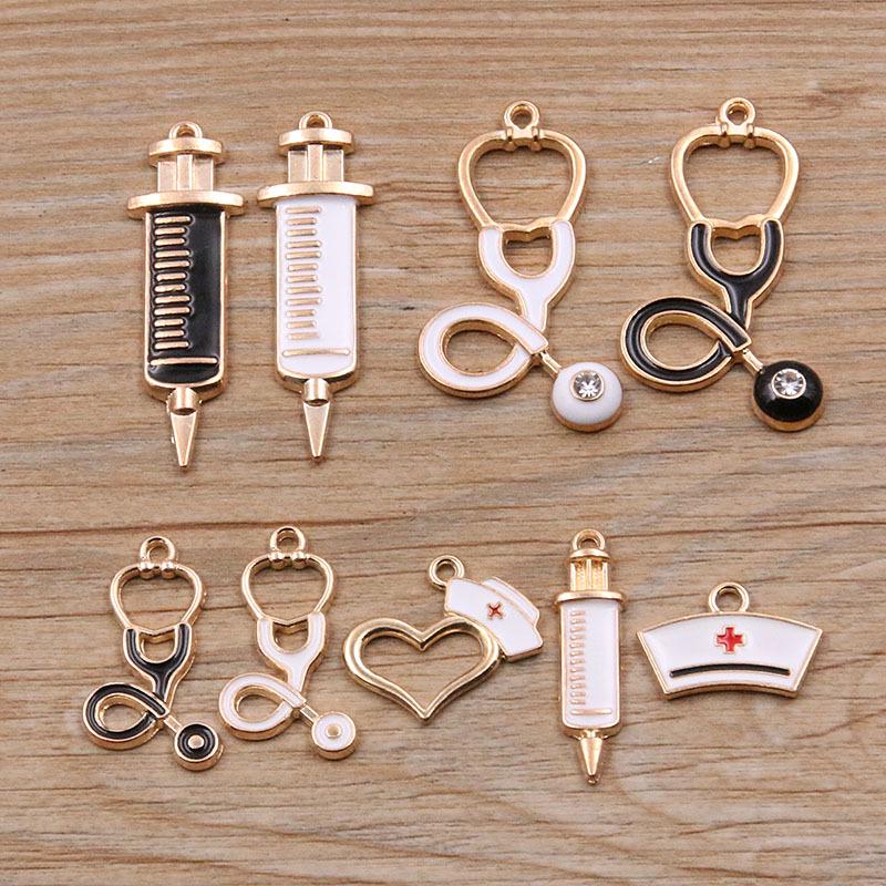 6 Style Medical Charm Jewelry: Drip Oil Stethoscope, Syringe, Heart Pendants in 2 Base Colors