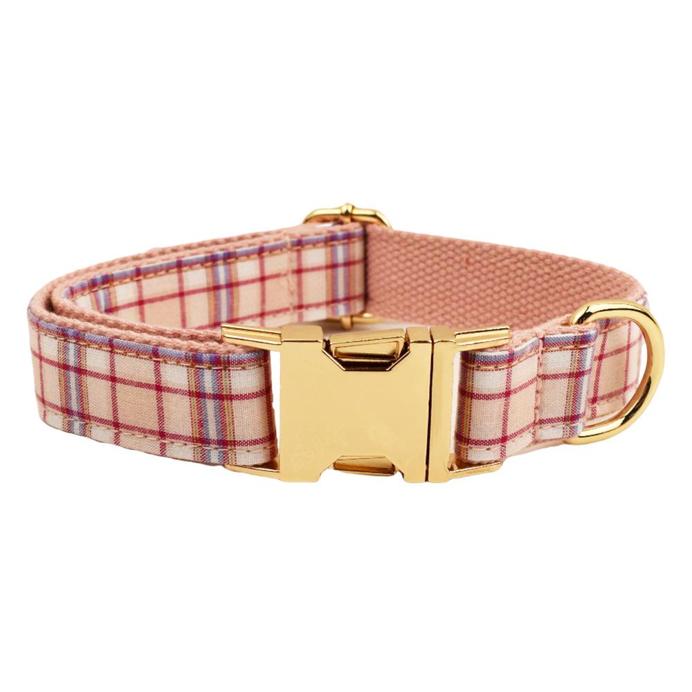 Light Pink Plaid Dog Collar and Leash - British Style, Engravable, Fresh Pattern.