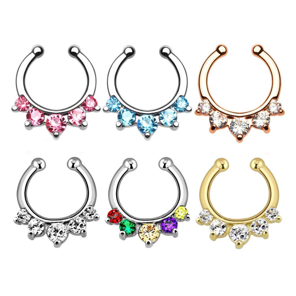 16g Steel Gold CZ Septum Fake Piercing Mix Styles Falso Septum Nose Rings Clickers Men Body Jewelry Piercing Nariz Daith Helix