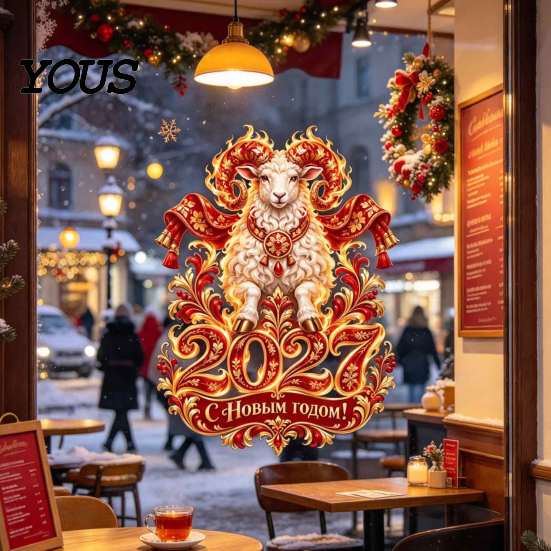 Removable Glass Stickers 2027 Year of Sheep Static Window Clings, Flame Zodiac Stickers, Seasonal Decorations Russian New Holiday Decorations,