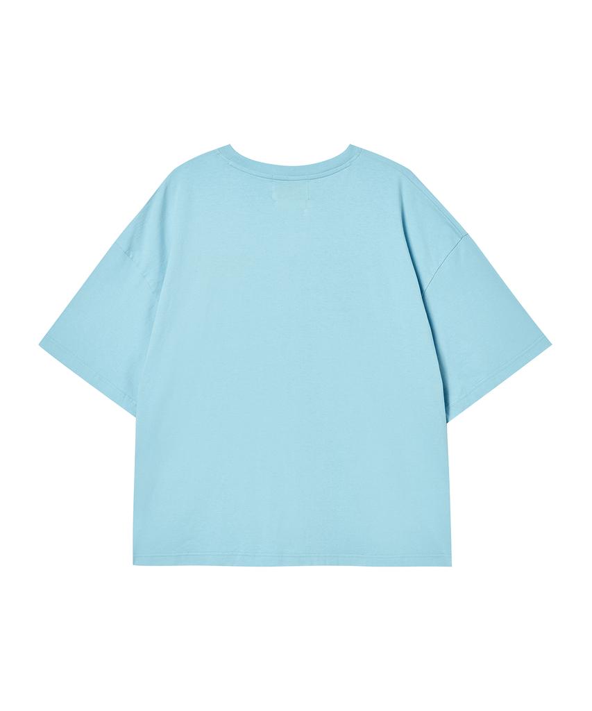 BEYOND CLOSET [Collection Line] Washed Cotton Short Sleeve T-Shirt With Vintage Art Piece Detail Sky Blue