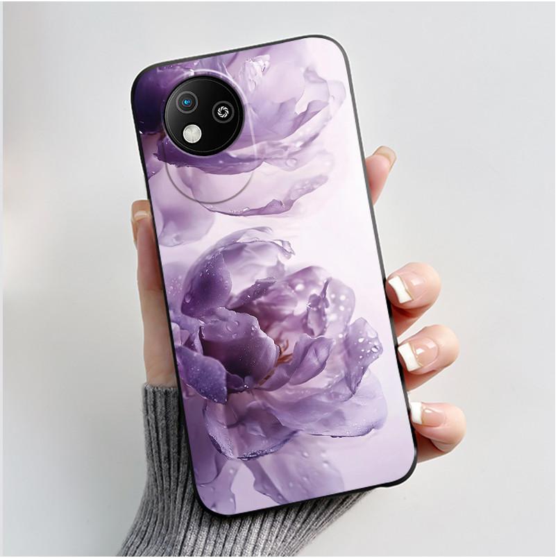 For ZTE Blade A35 Lite/A35 Core Jelly Soft Black Cover Romantic Scenery Pattern Coconut Tree Wildflower Sunflower Casing