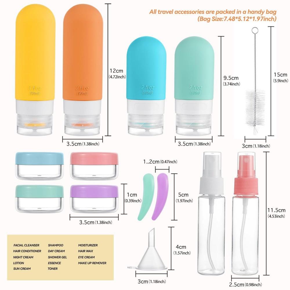 16-pack travel bottle set - leak-proof silicone squeeze container, for toiletries, conditioner, shampoo, lotion and body wash ac