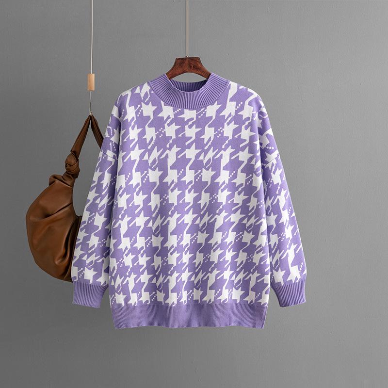 Autumn/Winter 2023 Women's Houndstooth Knit Pullover: Plus Size, Loose Fit, Round Neck Sweater.