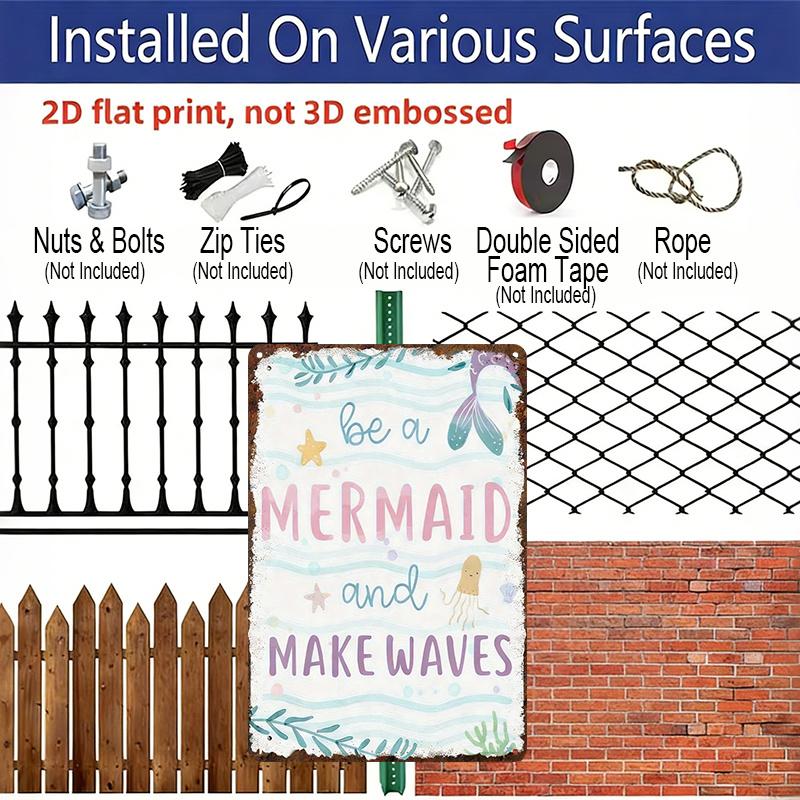 2D Flat, Vintage Mermaid Aluminum Sign - Whimsical Retro Wall Art with "Be A Mermaid and Make Waves" Design, 8x12 Inch Aluminum Plaque for Indoor