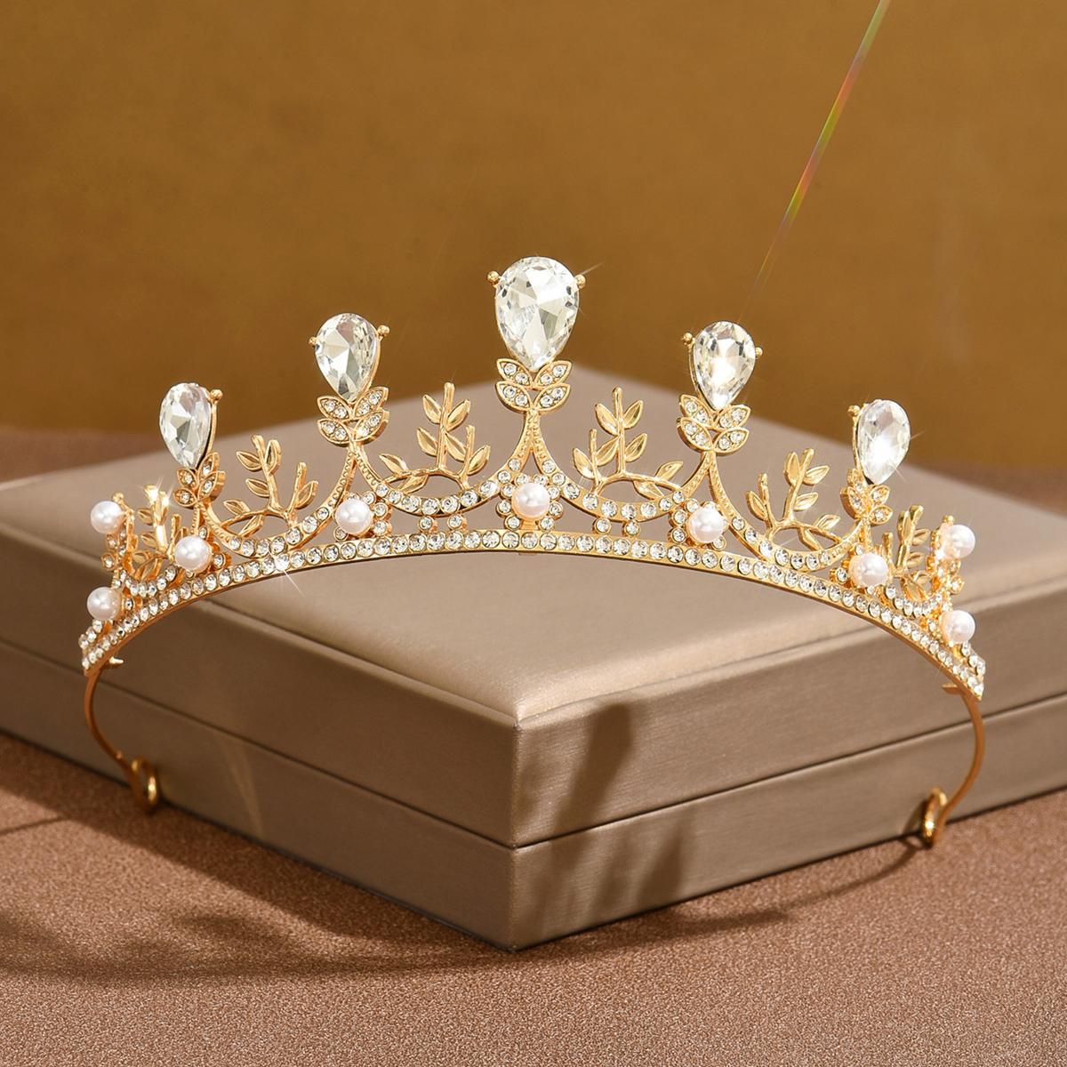 

Ladies Fashion Design Water Drop Geometric Necklace Earrings Crown Zircon Set Wedding Party Festival Gift