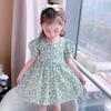 Summer Girls Floral Dresses Sweet Kids Green Short Sleeve Dresses Children Cotton Toddler Baby Clothing Frock