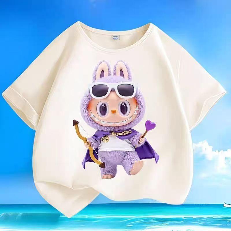 LABUBU Tegneserie Tolv Stjernebilder Trykk Barn T-skjorter Beige Gutt Jenter Kortermet Topp Trend Klær Gave