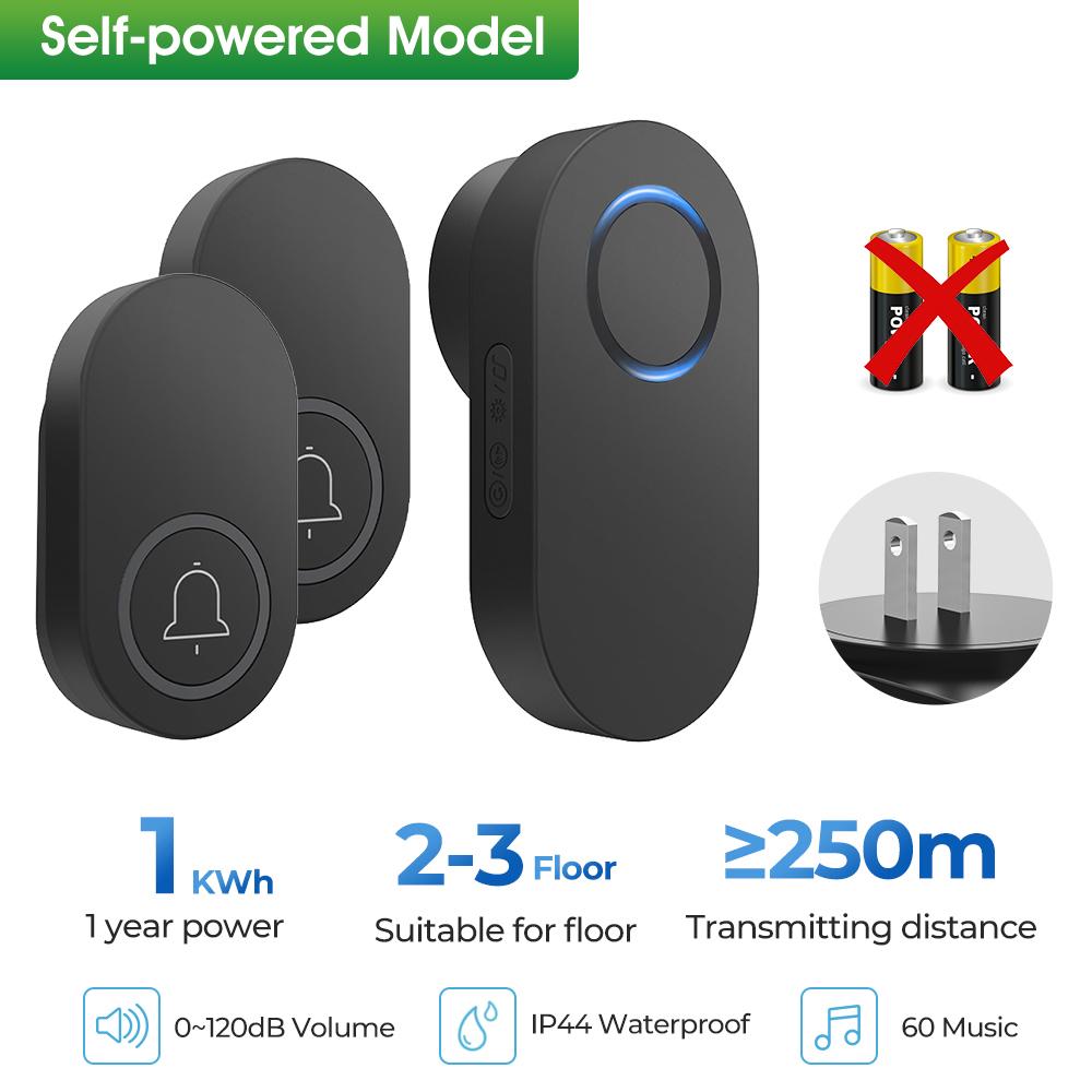 

ML008-B-21US 60 Melodies Wireless Self-Powered Doorbell Ring US Plug/Black,2 Transmitter+1 Receiver Type A