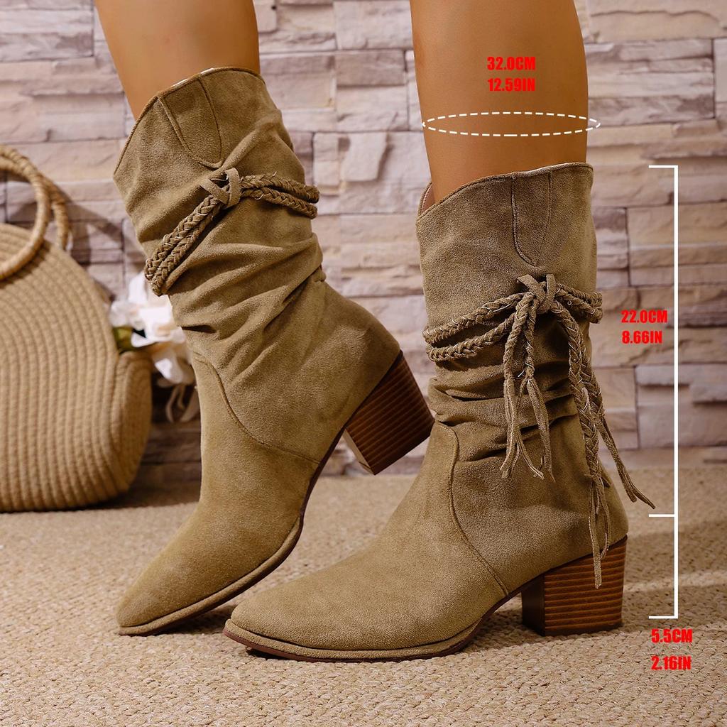 Damen Wildleder Cowboy-Stiefel, Vintage Fransen Langstiefel, Retro Lässige Kniehohe Stiefel mit Geflochtenem Seil für den Winter