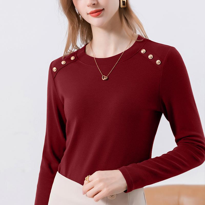 

New women s button design imitation cashmere bottoming shirt women s round neck summer wear slim t-shirt women s top XXXL