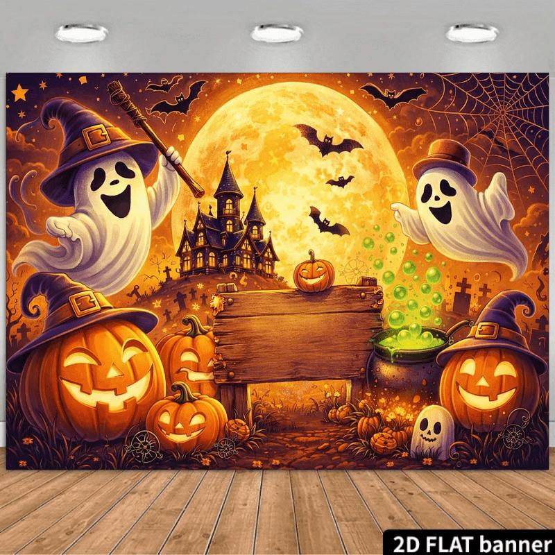 Flat Halloween party backdrop with a haunted house and pumpkin theme featuring the slogan "Happy Halloween".PMJ