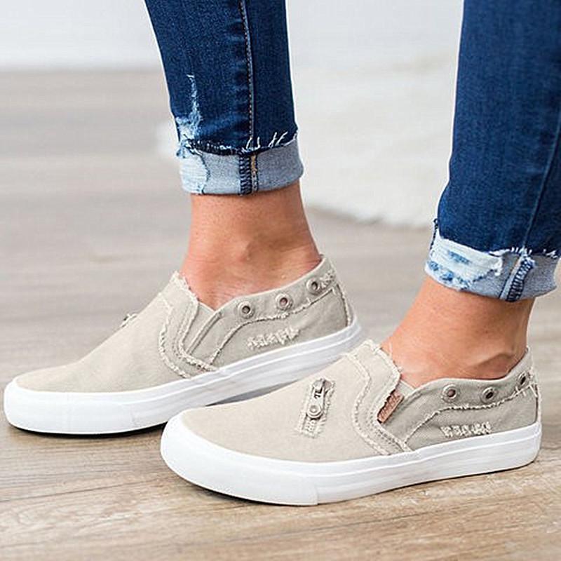 Special for large size single shoes, women's canvas loafers, denim zippers, one pedal, flat lazy shoes, casual board shoes.