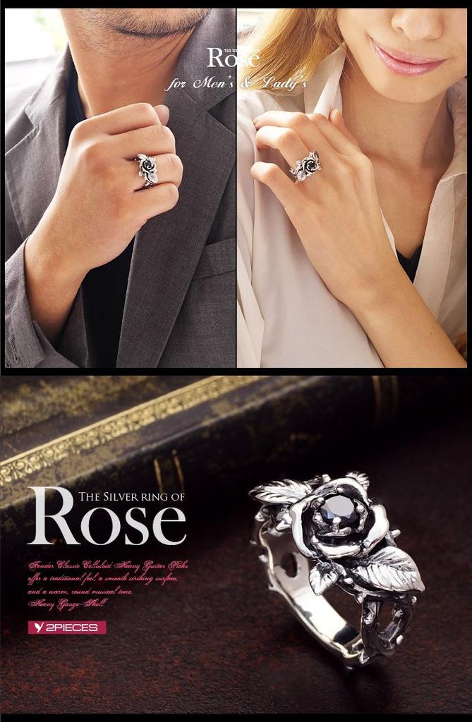 Silver Accessory for Men and r0704 [2PIECES] Ring, Rose, Black, Women, [Size 09]