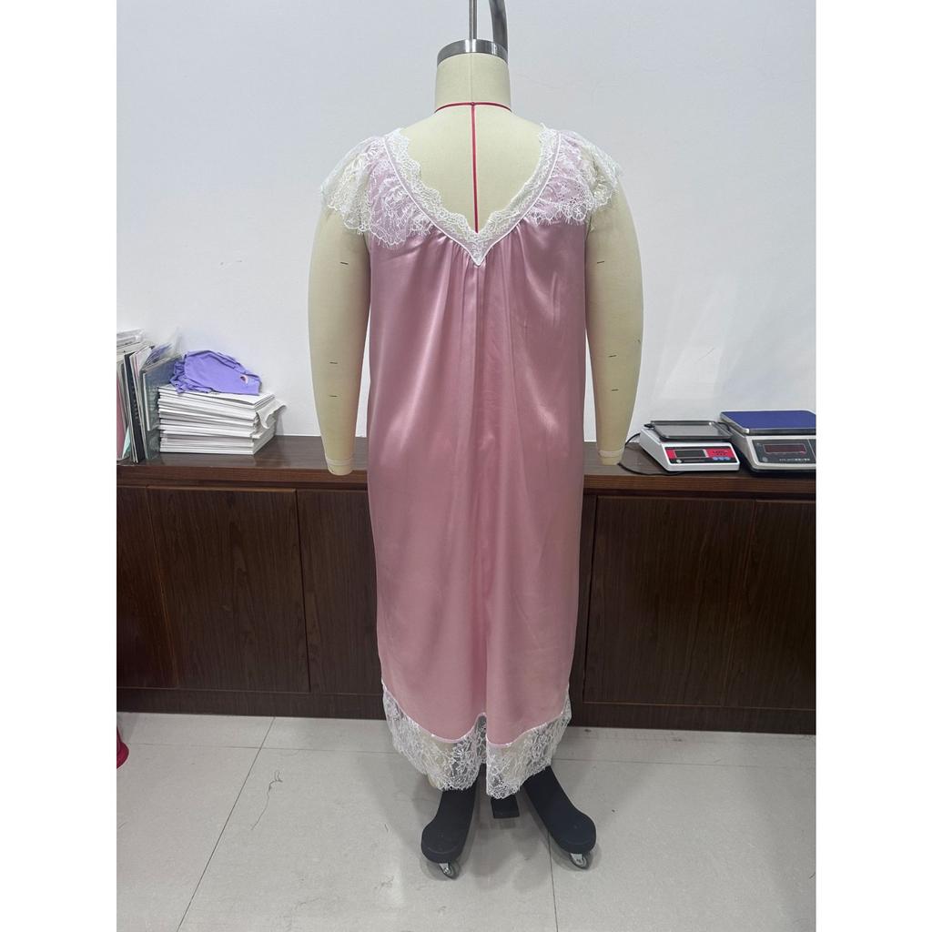 Camisón para Mujer Talla Grande Color Sólido Manga Corta Vestido para Dormir Ribete de Encaje Holgado Casual Ropa de Casa Primavera Verano Ropa de Dormir