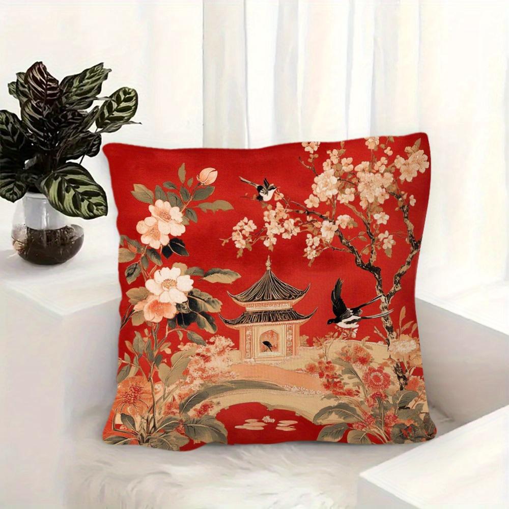 1 ks Povlak na polštář Chinoiserie Červená straka, Polyester 2D Oboustranný potisk, Tradiční čínská zahrada a květinové umění, Orientální domov