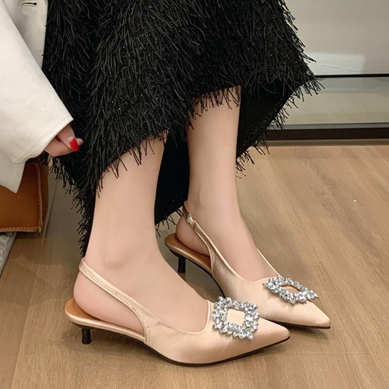 Fashion Baotou Sandals Spring Pointed Head Shallow Mouth Crystal Square Head Cover Foot Anti-slip Wear-resistant Heel Shoes