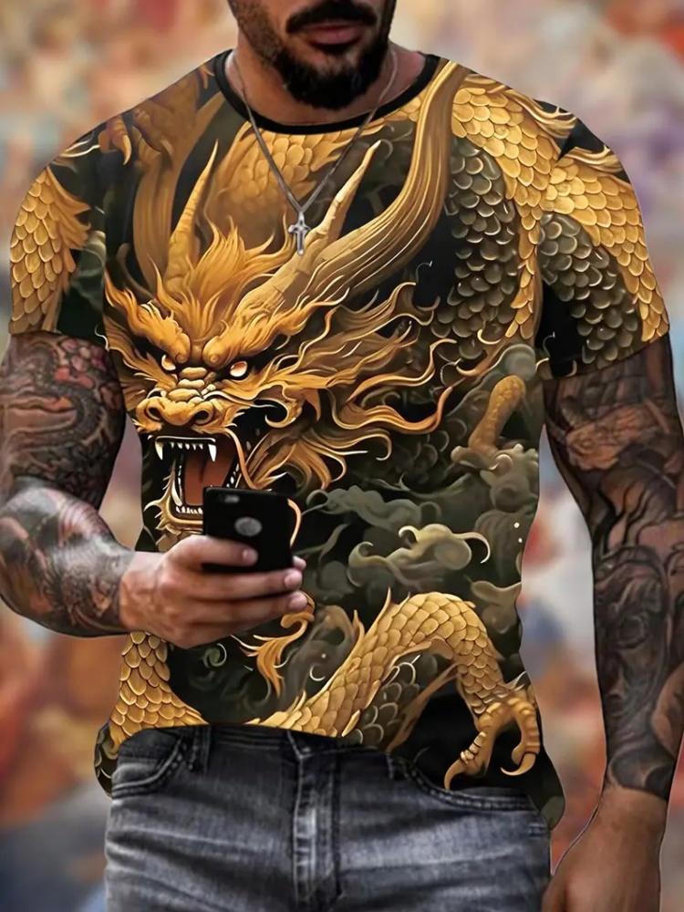 Men's 3D Dragon Print T-Shirt Summer Street Casual Crew Neck Short Sleeve Clothes Tee Tops Fashion Harajuku Oversized T-Shirt