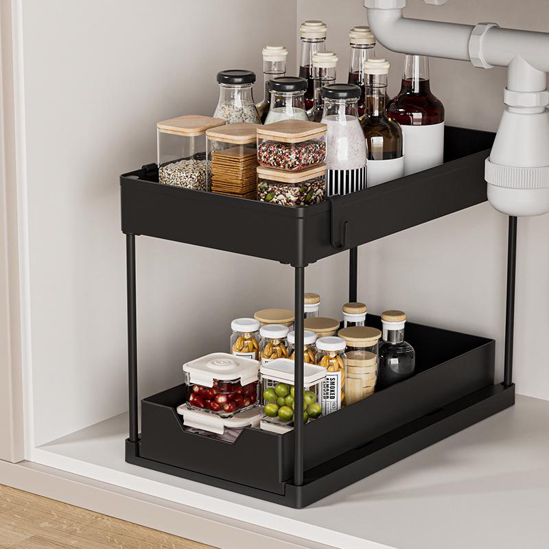 Double-Layer Kitchen Under-Sink Pull-Out Dish & Storage Organizer Rack