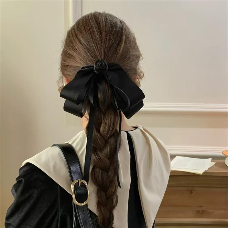 Black Camellia Bow Ribbon Hairpin French Hair Clip Women Girly High-End Elegant Hair Up Top Clip Mourning Funeral Hair Accessory