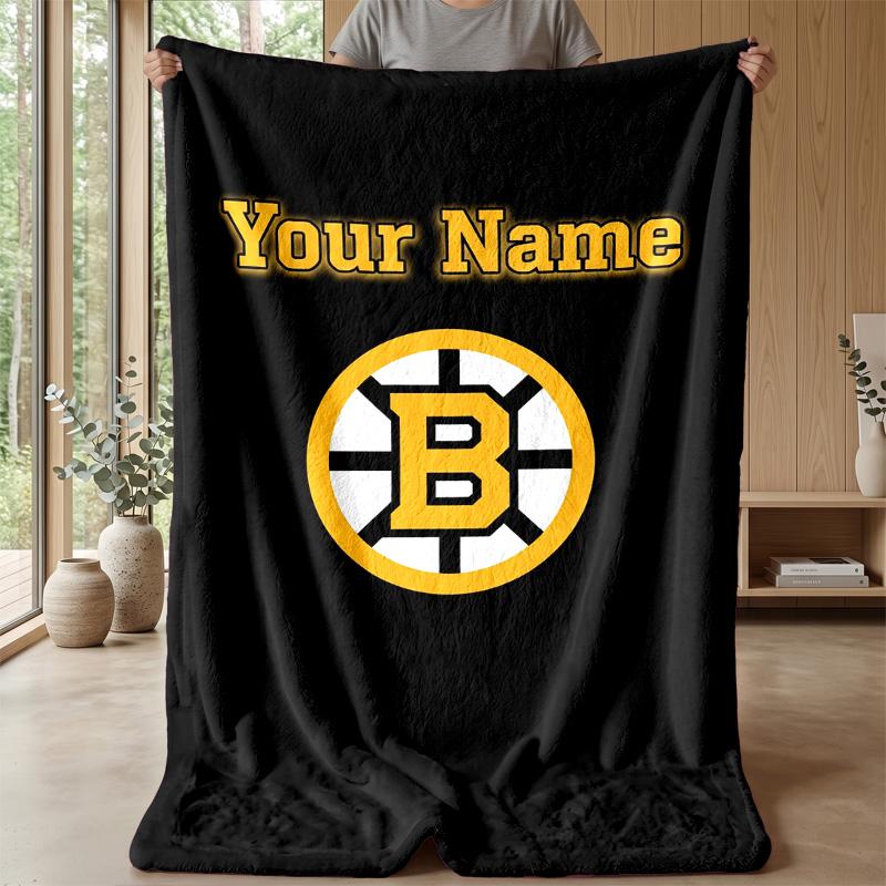 Boston Bruins Custom Flannel Throw Blanket Print Your Name Text Soft Warm Blanket Holiday Present