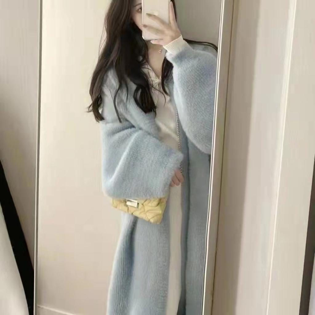 Imitation mink fleece sweater knitted sweater jacket women's autumn and winter thickened medium and long loose lazy wind over the knee cardigan top