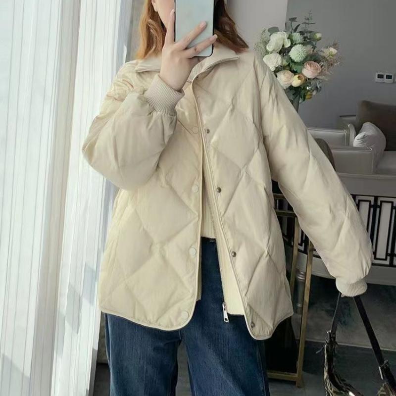 Women's Winter Lightweight Diamond Pattern Cotton Padded Jacket Korean Style Loose Outerwear Fleece-Lined Thickened