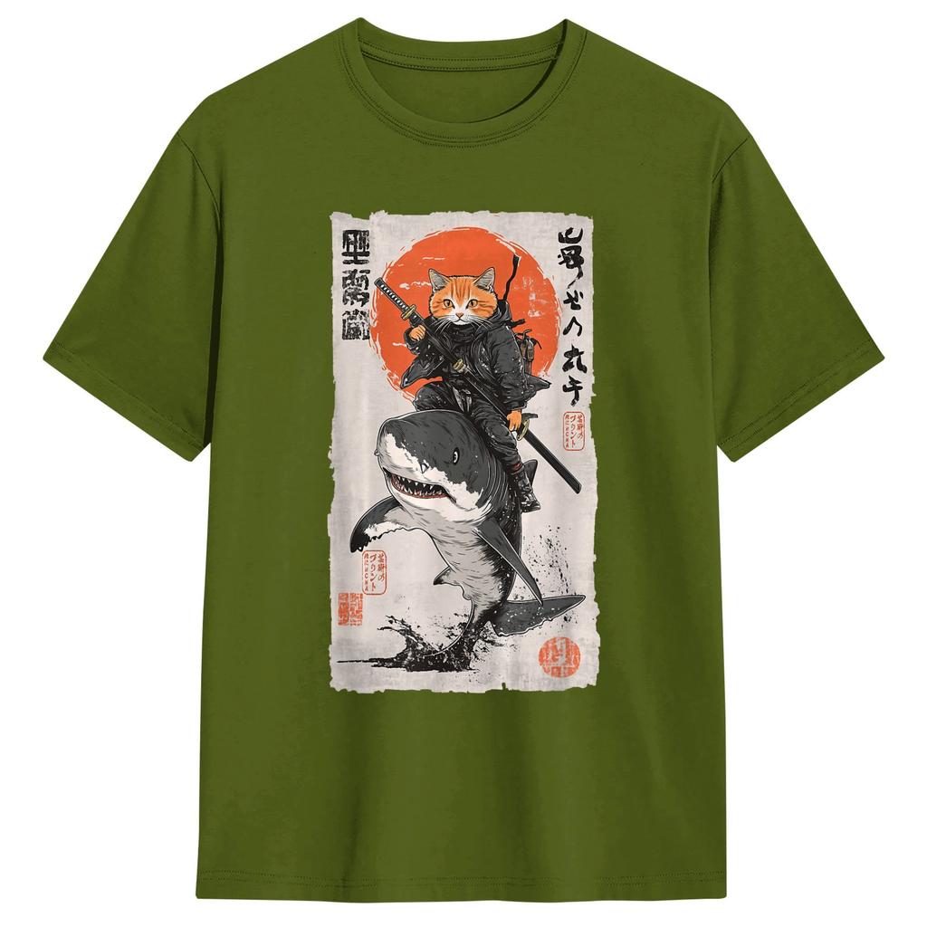 Ukiyoe Art Japanese Cat Riding T Shirt Unisex Pure Cotton Fashion Male Tshirts O Collar Tee Shirt Short Sleeve Clothing Present