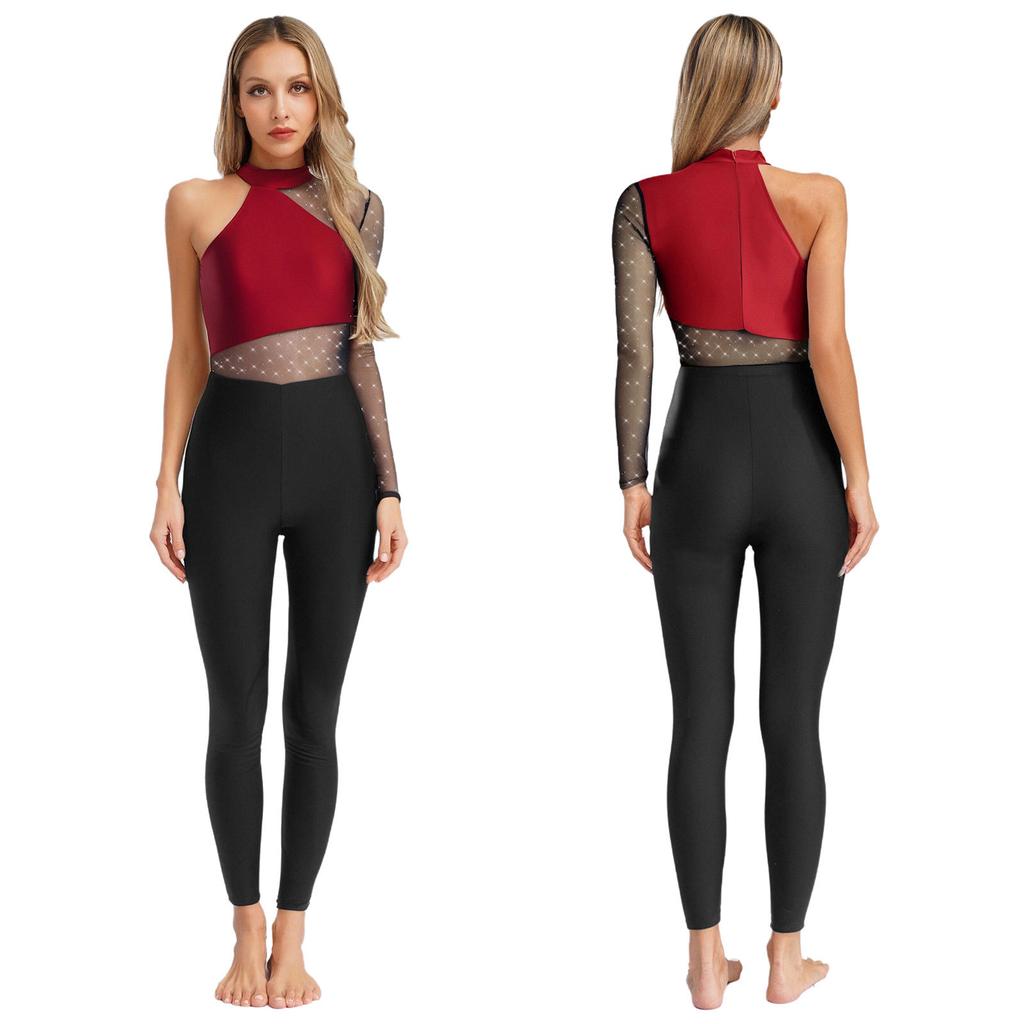 Ein-Schulter Tanz- und Bühnenbody für Damen S-XXL: Funkelndes Strass- und transparentes Netz-Langarm-Gymnastiktrikot