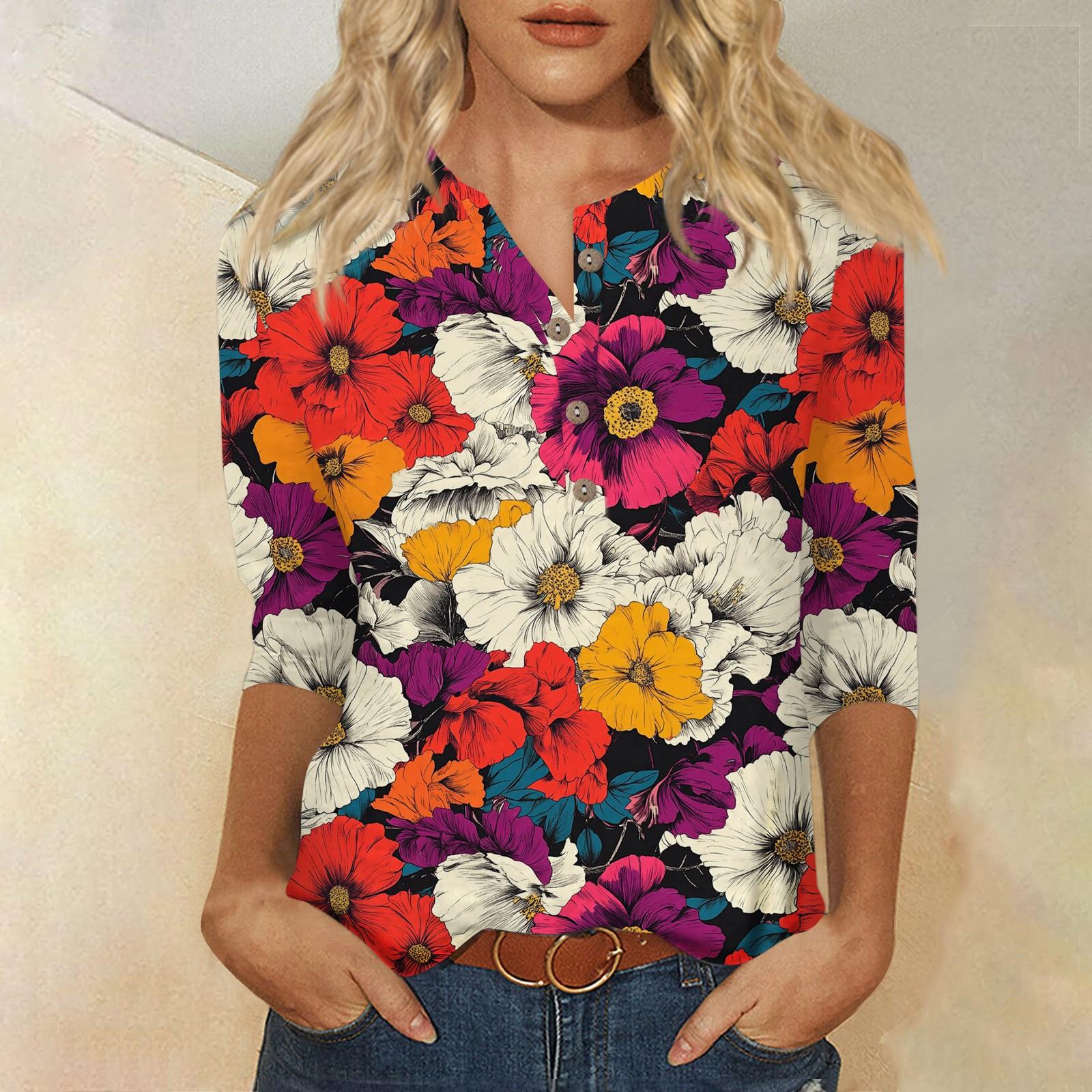 

Женский свободный повседневный топ с рукавом семь четвертей и цветочным принтом с круглым вырезом на пуговицах M красный