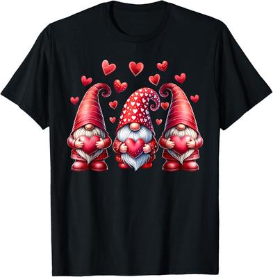Pink Valentine Gnomes with Hearts Graphic Print Cotton T-Shirt Casual Daily Tee for Women Men