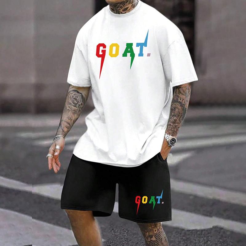 

Summer Men s Casual Short Sleeve Shorts Set Simple Letter Print Breathable Street Shoot 2-Piece Fashion O Collar Men s Suit 5XL