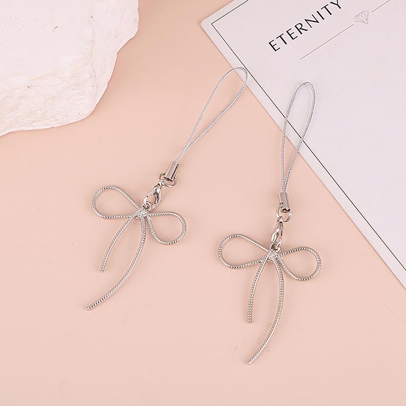 Y2K Korean Bow Phone Charm Simple Silver Color Bowknot Phone Lanyard For Girls Cell Phone Chain Keychain Accessories