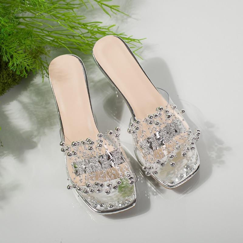 

Summer new style one-word pearl women s large-size high-heeled square-head cool slippers 42 серебряный