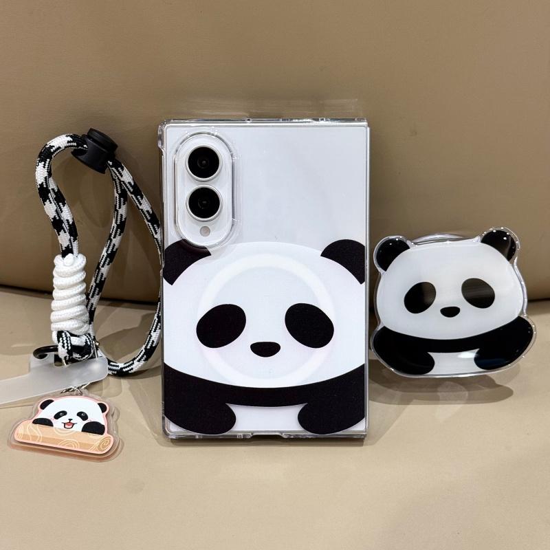 Kawaii Cartoon Panda Magnetic Phone Case For Samsung Galaxy Z Fold 8 Ultra 7 6 5 Fold7 Fold6 Cover with Magsafe Stand Cute Cases