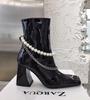 Aphixta 7.5cm High Heel Ankle Boots Square Toe Luxury Pearl Metal Chain Dec Patent Leather Women Shoes Elegant Ankle Boots