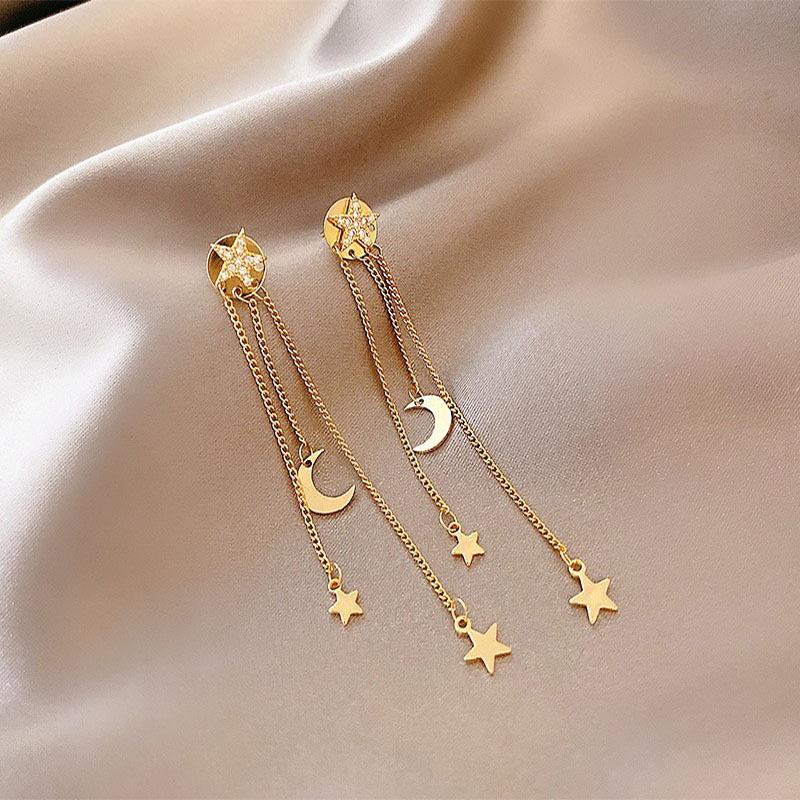 New Fashion Star Moon Tassel Drop Earrings for Women Rhinestone Stars Long Chain Earrings Girls Party Daily Jewelry Accessories