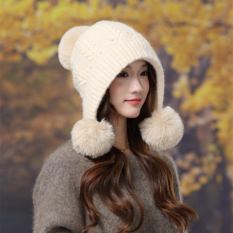 Fleece Kaninchenfell Gestrickte Thermomütze Damen Herbst und Winter Mode Pompon Ohrenschützer Wolle Pullovermütze
