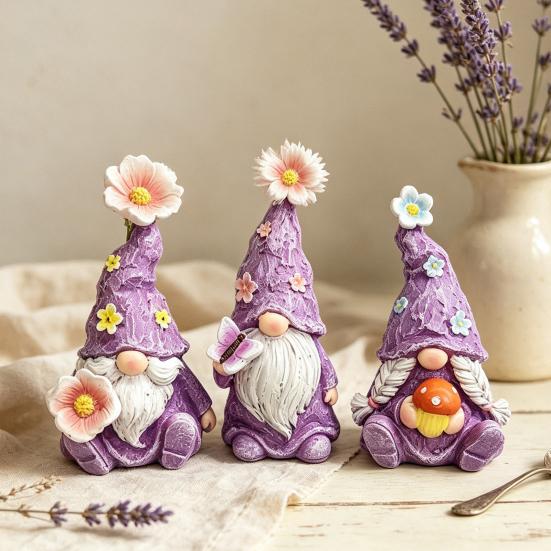 Miniature Mushroom Flower Figurines 3PCS Lavender Gnome Elf Set, Resin Spring Floral Decor Butterfly Set Tray Ornaments, Decorative Statues for Patio