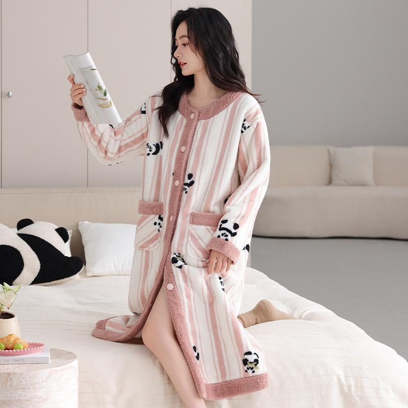 

Женская ночная сорочка Осень-Зима Коралловый флис Утолщенный флис Кардиган Милая домашняя одежда Халат Пижама XL