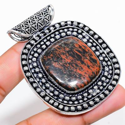 Pingente de Prata de Lei 925 com Gema de Obsidiana Mogno Natural 2,40" v7J31