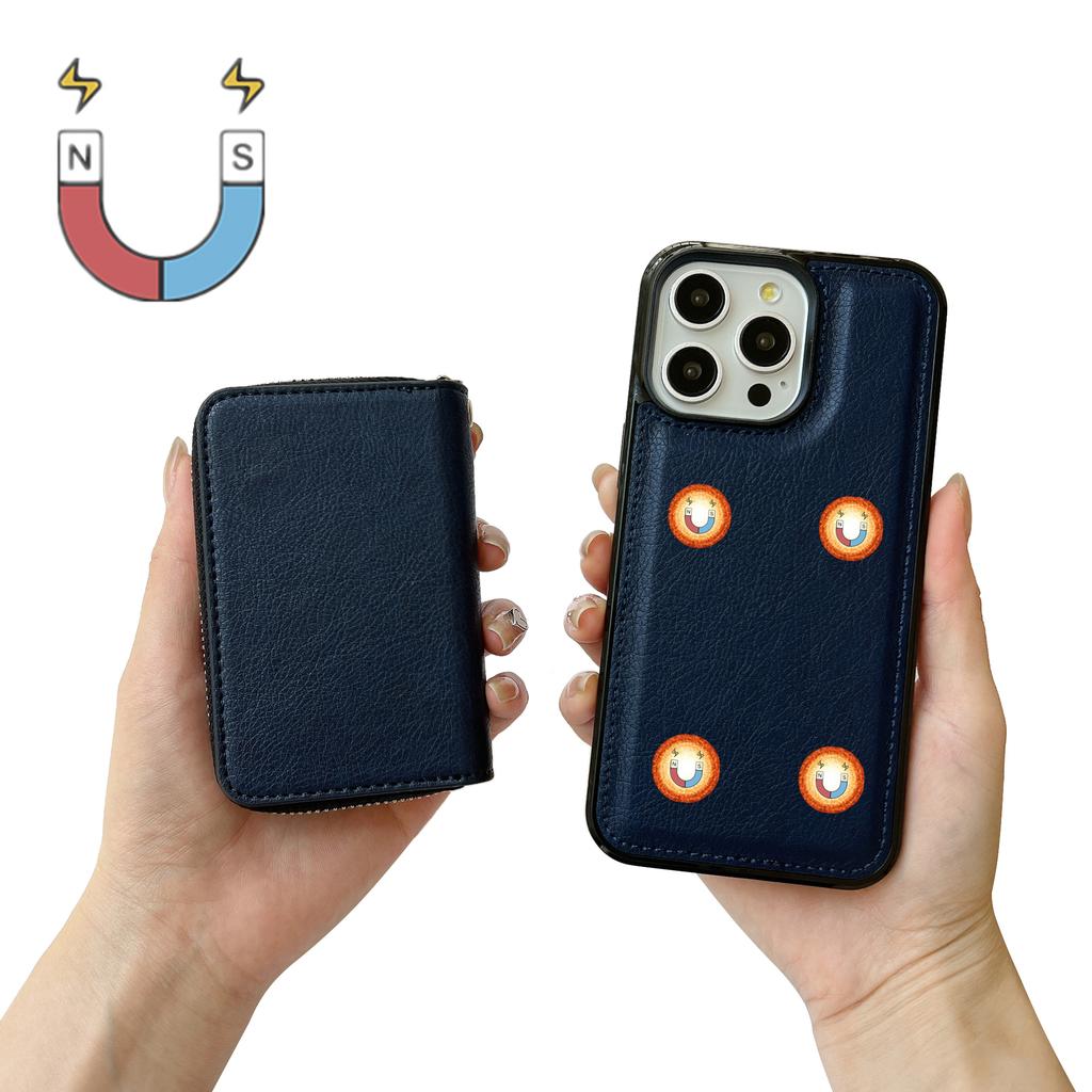 For iPhone 16 Pro Max Case Detachable Zipper Card Bag PU+TPU Kickstand Phone Case with Strap