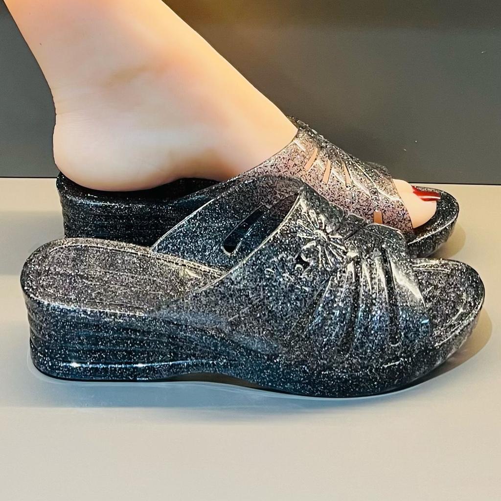 Transparent Jelly Slippers Women's Summer Wedged Heel Mules Shoes Woman Sparkling Glitter Sandal Open Toe Outdoor Clear Slipper