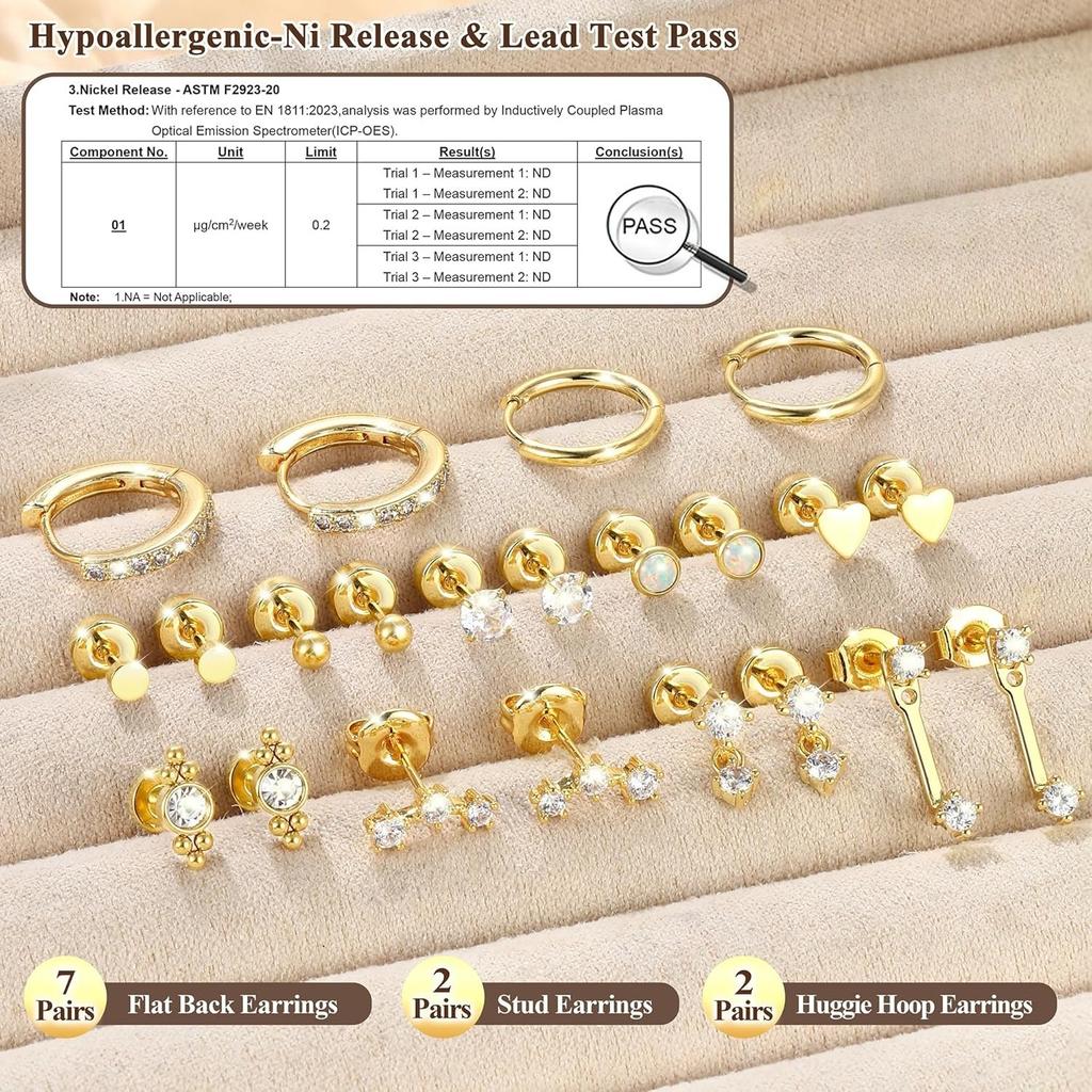 Bobisty Flat Back Stud Earrings for Women Trendy Surgical Steel Earrings 14K Gold Plated Cartilage Earring Set Stacks Piercing