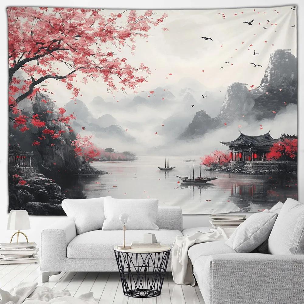 Cherry Blossom Mountain Wall Tapestry Japanese Art Print Boho Decor For Bedroom Living Room Zen Theme Home Interior Hanging