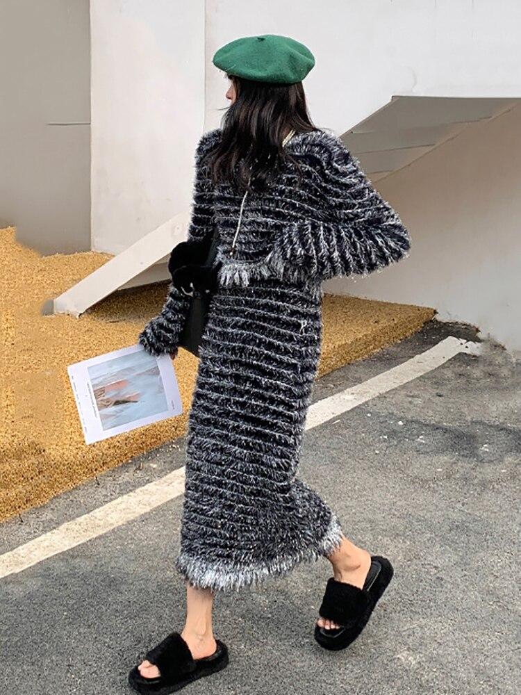 Xitao Knitted Two Piece Set Tassel Striped Full Sleeve Top Skirt Women FBB1498